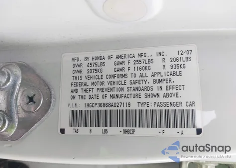 2008 Honda Accord из США, поврежденный, VIN 1HGTP36868A027119